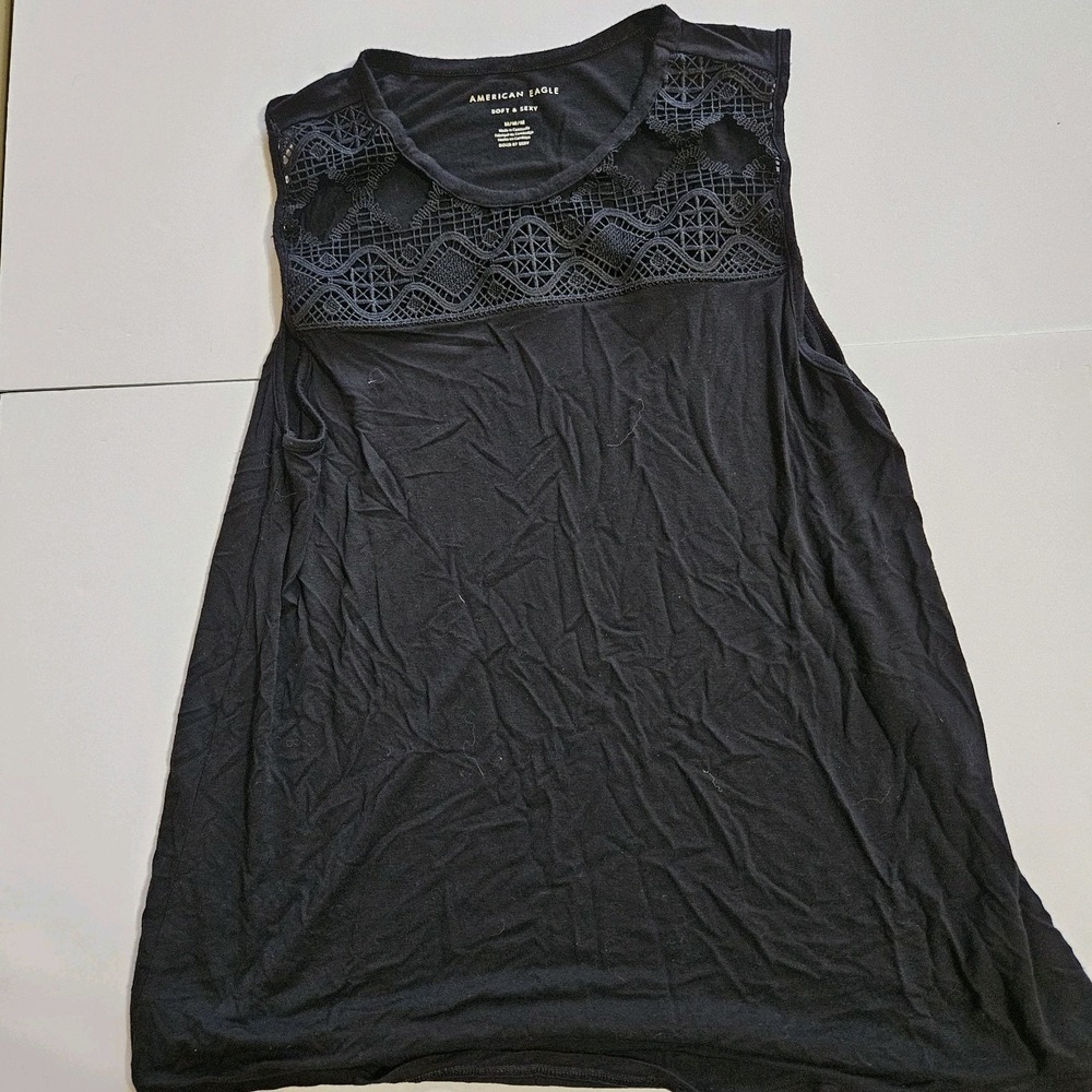 American Eagle Black Viscose Lace Yoke Short Sleeve Top Size M